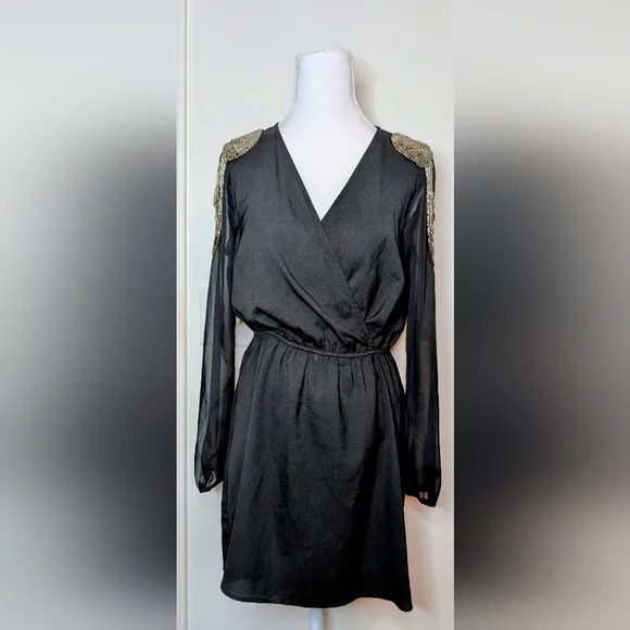 Charlotte Russe Black Beaded Shoulder Dress Long Sheer Sleeve Wrap Elastic Waist - Picture 2 of 7